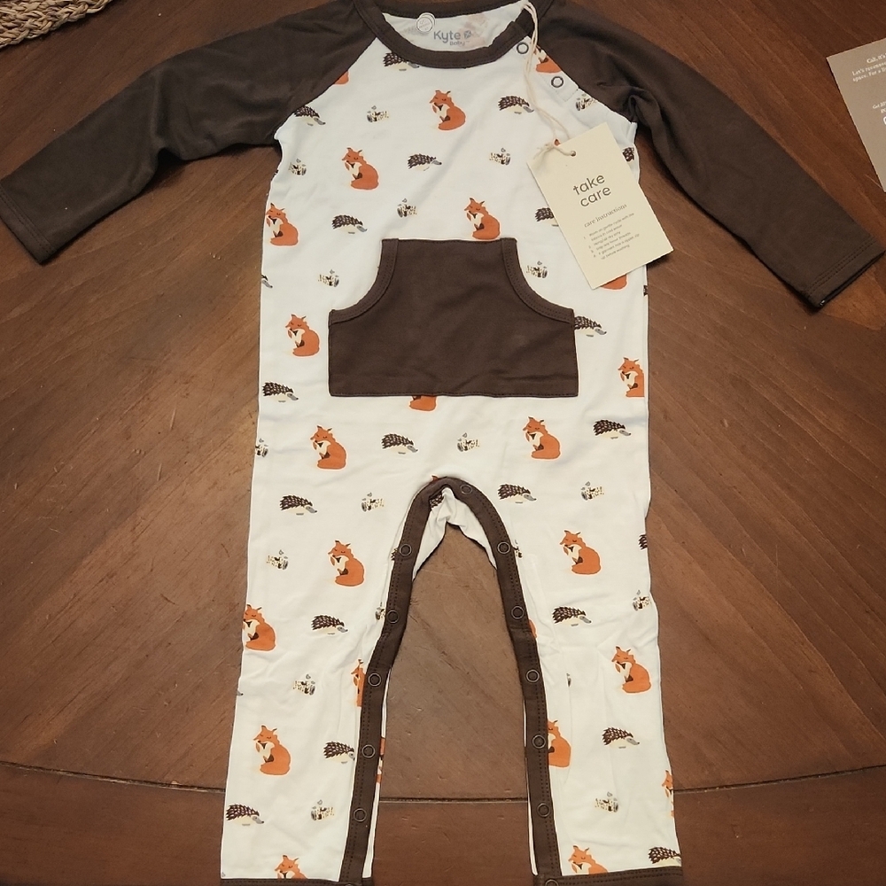 Kyte BABY Brown and White Longalls Romper One Piece Woodlands Print Snap